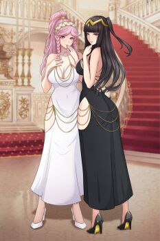 2girls alternate_costume ass backless_dress backless_outfit ballroom bare_arms bare_shoulders black_dress black_hair breasts cleavage commentary dress english_commentary fire_emblem fire_emblem_awakening full_body hand_on_own_chest hand_up hands_up high_heels highres large_breasts long_hair looking_at_viewer multiple_girls nintendo nirainini olivia_(fire_emblem) pink_hair ponytail side_slit sideboob smile standing tharja_(fire_emblem) thighs tiara white_dress