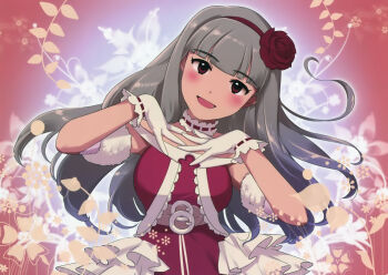 Rule 34 | 1girl, annindoufu (oicon), belt, blunt bangs, blush, breasts, choker, flower, gloves, grey hair, hair flower, hair ornament, hairband, hands up, highres, idolmaster, idolmaster (classic), long hair, looking at viewer, official art, open mouth, red eyes, red flower, red hairband, red rose, ribbon-trimmed choker, ribbon-trimmed gloves, ribbon trim, rose, shijou takane, smile, solo, third-party source, white choker, white gloves