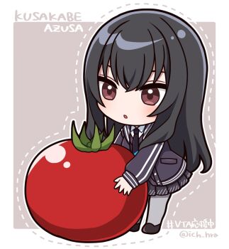 1girl black_hair black_jacket black_necktie black_shoes black_skirt black_sweater_vest blush border buttons character_name chibi chibi_only collared_shirt commentary_request food full_body grey_background grey_pantyhose highres holding holding_food holding_vegetable ichihara_naga jacket kusakabe_azusa long_hair necktie nijisanji outline pantyhose parted_lips pleated_skirt red_eyes school_uniform shirt shoes skirt solo standing sweater_vest tomato twitter_username vegetable virtual_talent_academy virtual_talent_academy_school_uniform virtual_youtuber white_border white_outline white_shirt