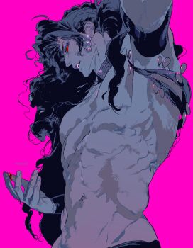 abs adam&#039;s_apple arm_up armpits battle_tendency cowboy_shot earrings eyelashes fingernails highres holding jewelry jojo_no_kimyou_na_bouken kars_(jojo) long_hair mgong520 muscular muscular_male navel piercing pink_background profile red_eyes short_sideburns simple_background smile teeth very_long_hair wavy_hair
