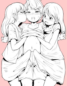 1boy 2futa absurdres blush bulge clothes_lift drooling erection erection_under_clothes femdom flat_chest futa_with_male futanari highres kissing_cheek kodomo_doushi large_penis loli long_hair makin_tama monochrome multiple_futa nipple_stimulation nipple_tweak penis penis_size_difference shirt_lift shorts shota sketch skirt skirt_lift