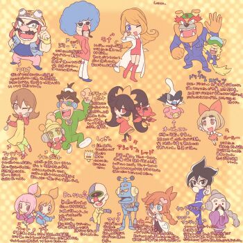 18-volt 5-volt 6+boys 6+girls 9-volt alien ana_(warioware) apron artist_name ashley_(warioware) black_hair blue_eyes blue_hair blue_jumpsuit bow braid brown_eyes brown_hair coat demon demon_horns demon_tail demon_wings double_bun dr._crygor dress dribble_(warioware) facial_hair fronk furry furry_male hair_bow hair_bun hair_ornament heart heart_ornament helmet highres horns jacket jimmy_t jumpsuit kat_(warioware) lab_coat lmn3h low_twin_braids lulu_(warioware) master_mantis mike_(warioware) mona_(warioware) motorcycle_helmet multiple_boys multiple_girls mustache nintendo one_eye_closed orange_hair orbulon pants penny_crygor pink_hair pink_pants red_(warioware) red_bow red_dress red_eyes red_footwear red_jacket robot spitz sunglasses tail tinted_eyewear twin_braids twintails wario warioware white_coat white_pants wings yellow_apron young_cricket