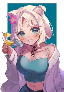 1girl animal_ear_fluff animal_ears artist_request black_choker black_ribbon blonde_hair blue_background blue_eyes blue_nails blue_shirt blue_streaks blush border breasts cardigan choker cleavage cocktail cocktail_glass collarbone commentary_request cowboy_shot cropped_shirt cup dog_ears dog_girl drinking_glass drinking_straw fingernails flower grey_cardigan grin hair_flower hair_ornament hairclip highres holding holding_cup indie_virtual_youtuber looking_at_viewer medium_breasts midriff mona_meria multicolored_hair nail_polish navel open_cardigan open_clothes outside_border parted_bangs ribbon ribbon_choker second-party_source shirt short_hair sleeveless sleeveless_shirt smile solo streaked_hair virtual_youtuber white_border