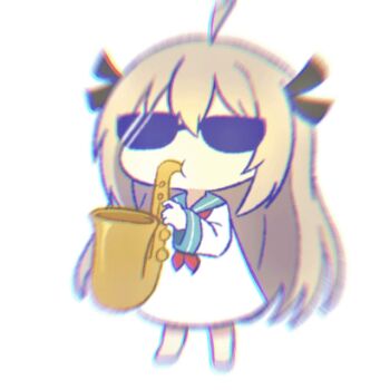 1girl :t ahoge ami_b1196260828 animated animated_gif ascot atri atri-my_dear_moments- blue_sailor_collar brown_hair chinese_commentary closed_mouth commentary_request dress facing_viewer full_body hair_between_eyes hair_ribbon hand_up holding holding_instrument holding_saxophone instrument long_hair long_sleeves looping_animation music playing_instrument red_ascot ribbon sailor_collar sailor_dress saxophone sidelocks simple_background solo standing sunglasses very_long_hair white_background white_dress wide_sleeves