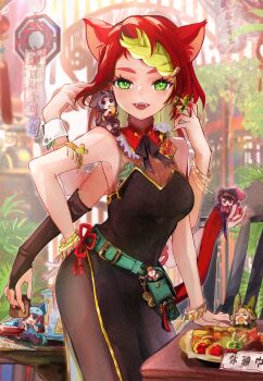 2boys 3girls animal_ears armlet belt black_hair bracelet breasts bridal_gauntlets brown_hair cat_ears commentary_request cookie detached_collar eating elbow_gloves extra_arms food gloves green_eyes grey_hair hand_on_own_hip highres holding holding_mini_person hood hoodie jewelry looking_at_viewer medium_breasts mini_person miniboy minigirl multiple_boys multiple_girls original pantyhose red_hair ring single_elbow_glove table teeth upper_teeth_only user_rsea7333