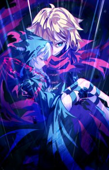 Rule 34 | 1boy, 1girl, absurdres, ahoge, alchemist (sekaiju), bandaged leg, bandages, black cloak, blonde hair, blue eyes, braid, carrying, cloak, closed eyes, closed mouth, commentary request, curse maker, etrian odyssey, from above, grey hair, hair between eyes, highres, hood, hood up, hooded cloak, kuronohanpen, long hair, long sleeves, princess carry, red pupils, red scarf, scarf, short hair, standing, torn hood, unconscious