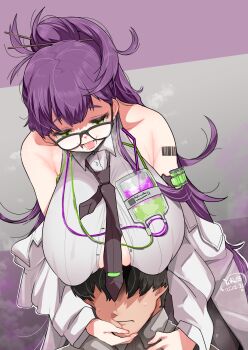 1boy 1girl :d arm_tattoo armpit_crease artist_name barcode barcode_tattoo bare_shoulders behind_another black-framed_eyewear black_hair black_necktie black_pantyhose blush breast_rest breasts breasts_on_head buttons closed_mouth collared_shirt commander_(nikke) commentary_request covered_erect_nipples cowboy_shot dated drink drinking_straw ear_blush ether_(nikke) fingernails glasses goddess_of_victory:_nikke green_eyes grey_background grey_shirt hair_between_eyes hair_ornament hair_stick half-closed_eyes hand_on_another's_cheek hand_on_another's_face hand_on_another's_shoulder heavy_breathing hetero high_ponytail highres huge_breasts intravenous_drip jacket leaning_forward long_hair long_sleeves looking_at_another looking_down loose_necktie lower_teeth_only necktie no_eyes off_shoulder open_clothes open_jacket open_mouth pantyhose partially_unbuttoned ponytail purple_background purple_hair shirt sleeveless sleeveless_shirt smile standing steaming_body sweat tattoo teeth textless_version two-tone_background very_long_hair white_jacket white_shirt ygdm