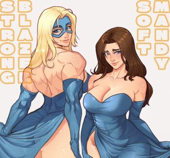 1girl backless_dress backless_outfit bare_back blonde_blazer blue_dress blue_eyes blue_gloves blush breasts brown_hair character_name cleavage_cutout clothes_lift clothing_cutout dispatch domino_mask dress elbow_gloves english_text evening_gown eye_mask gloves height_difference large_breasts light_smile long_hair looking_at_viewer looking_back mask muscular muscular_female orcbarbies portrait size_comparison thick_eyebrows