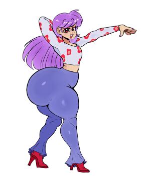 1girl 2024 absurdres alternate_costume alternate_hairstyle arm_behind_head arms_up ass bell-bottoms capcom commentary darkstalkers english_commentary eyeshadow female_focus flat_chest from_side full_body high_heels highres huge_ass lemonadepikachu lilith_(darkstalkers) long_hair long_sleeves midriff open_mouth outstretched_arm pants purple_nails red_eyes red_eyeshadow red_shoes shoes simple_background solo stiletto_heels straight_hair teeth thick_thighs thighs toon_(style) upper_teeth_only white_background wide_hips