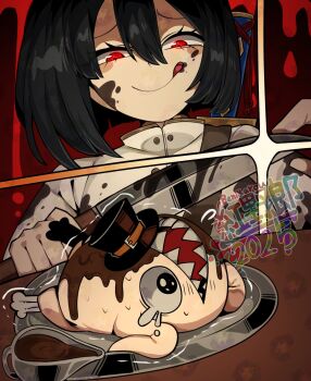 Rule 34 | 1girl, :q, beniyarou, black hair, black hat, bongy (project moon), commentary request, evil smile, eyelashes, glint, glowing, glowing eyes, hat, highres, holding, holding knife, knife, limbus company, project moon, red eyes, ryoshu (project moon), sharp teeth, short hair, smile, tears, teeth, tongue, tongue out, watermark