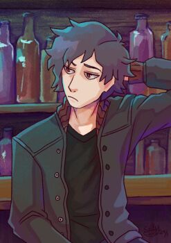 1boy arm_behind_head black_hair black_jacket black_shirt bottle closed_mouth commentary dated english_commentary jacket jitome junpei_(kyokugen_dasshutsu) kyokugen_dasshutsu long_sleeves male_focus open_clothes open_jacket red_eyes sagutoyas shelf shirt short_hair signature solo upper_body v-neck zero_escape:_toki_no_dilemma