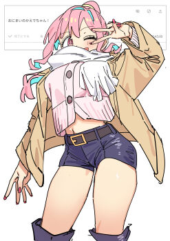 1girl absurdres arm_up belt belt_buckle blue_hair blue_shorts blush boots breasts brown_belt brown_jacket buckle buttons colored_inner_hair contrapposto cowboy_shot cropped_shirt denim denim_shorts dot_nose from_below grey_boots gyaru hair_between_eyes hair_intakes hair_ornament hair_scrunchie haruyuki_(gffewuoutgblubh) highres hozuki_kaede jacket knee_boots large_breasts large_buttons long_hair long_sleeves looking_at_viewer midriff multicolored_hair nail_polish navel odaibako one_eye_closed onii-chan_wa_oshimai! open_mouth pink_eyes pink_hair pink_nails pink_shirt ponytail puffy_long_sleeves puffy_sleeves request_inset scarf scrunchie shirt short_shorts shorts sidelocks simple_background sketch smile solo standing thighs translated two-tone_hair v v_over_eye white_background white_scarf yellow_scrunchie