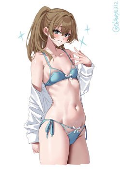 1girl bare_shoulders blue_bra blue_panties blush bow bow_bra bow_panties bra breasts brown_hair commentary_request cropped_legs ebifurya grey_eyes groin hair_between_eyes hair_intakes hand_up highres kantai_collection kumano_(kancolle) long_hair long_sleeves looking_at_viewer navel off_shoulder one-hour_drawing_challenge open_clothes open_shirt panties ponytail shirt side-tie_panties simple_background small_breasts smile solo sparkle twitter_username underwear white_background white_shirt