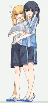 2girls absurdres arm_under_breasts black_hair black_shorts blonde_hair blue_eyes blush commentary_request fang grey_background hand_under_clothes heart highres hug hug_from_behind kopaka_(karda_nui) long_hair mary_janes multiple_girls open_mouth original ponytail shirt shoes shorts simple_background skin_fang twintails white_shirt white_shoes yellow_eyes yuri