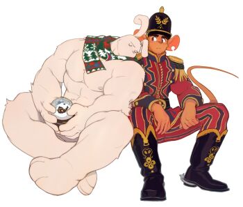 2boys abs bara belt biceps black_boots black_hat boots broad_shoulders brown_eyes christmas christmas_tree_print commentary cosplay english_commentary furry furry_male gold_trim green_scarf hat holding holding_snow_globe jacket mouse_boy mouse_tail multiple_boys nipples notched_ear nude original pants rabbit_boy red_jacket red_pants reindeer_print scarf simple_background snow_globe tail the_nutcracker the_nutcracker_(character) the_nutcracker_(character)_(cosplay) thick_arms thick_eyebrows thick_thighs thighs uleez whiskers white_background yaoi