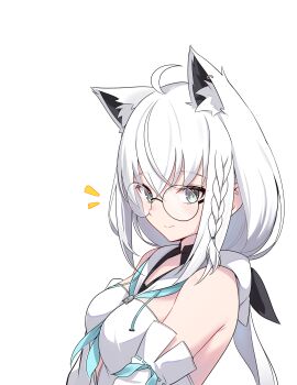 1girl absurdres ahoge animal_ear_fluff animal_ears aqua_eyes bare_shoulders blue_neckerchief braid breasts detached_sleeves fox_ears fox_girl glasses highres hololive kumarang long_hair looking_at_viewer low-tied_long_hair medium_breasts neckerchief shirakami_fubuki shirakami_fubuki_(1st_costume) side_braid single_braid solo virtual_youtuber white_hair