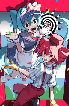 2girls absurdres apron aqua_hair black_eyes black_mouth blue_dress blue_sky bow cloud commentary commentary_request confetti crazy cuffs dress drill_hair floating gloves hat hatsune_miku highres kasane_teto kneeling long_hair looking_at_viewer looking_back mesmerizer_(vocaloid) mikuni144 mountain multiple_girls nervous open_mouth overalls pinstripe_dress pinstripe_hat pinstripe_pattern puffy_sleeves red_eyes red_hair red_suspenders red_trim sharp_teeth shirt shoulder_belt signature skirt sky sleeves_rolled_up smile smiley_hair_ornament spiral striped_clothes striped_shirt sweatdrop teeth tridecagram twin_drills twintails visor_cap vocaloid waist_apron wrist_cuffs yellow_gloves