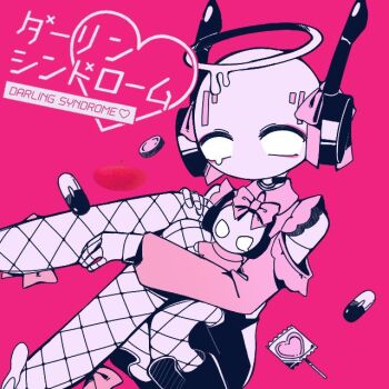 1boy androgynous bald black_skirt bow candy coin commentary_request crossdressing crossdressing_(mtf) darling_dance_(vocaloid) english_text facial_mark fishnet_pantyhose fishnets five_pebbles fivefuckss food forehead_mark hair_bow halo hand_on_knees heart heart-shaped_food heart-shaped_lollipop holding holding_stuffed_toy iterator_(rain_world) jirai_kei joints lollipop looking_at_viewer makeup neuron_fly_(rain_world) pantyhose pill pink_background pink_bow pink_shirt rain_world robot robot_ears robot_joints shaped_lollipop shirt skirt stuffed_toy tearing_up trap wide-eyed