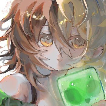 1other :d averythemayo blonde_hair bra_strap commentary english_commentary facing_viewer green_shirt grin highres humanization open_mouth portrait rymar_art searching_for_a_world_that_doesn't_exist shirt short_hair slime_(creature) smile solo yellow_eyes