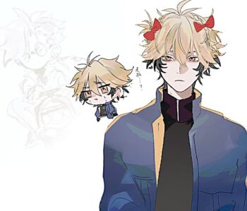 1boy alternate_hairstyle antenna_hair black_hair black_shirt blonde_hair blue_jacket bow chibi chibi_inset closed_mouth hair_between_eyes hair_bow jacket lio0oil_0 long_sleeves looking_at_viewer male_focus messy_hair multicolored_hair multiple_views open_clothes open_jacket orange_eyes red_bow shiguang_dailiren shirt short_hair short_twintails simple_background sketch solo turtleneck twintails two-tone_hair upper_body white_background xia_fei zipper
