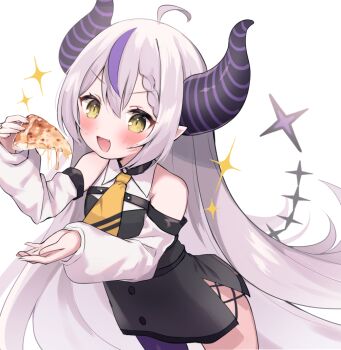 1girl ahoge braid commentary demon_horns fang food grey_hair holding holding_food holding_pizza hololive horns la+_darknesss la+_darknesss_(1st_costume) long_hair looking_at_viewer moeko_(moeko0903) multicolored_hair open_mouth pizza pointy_ears purple_hair single_thighhigh smile solo streaked_hair striped_horns tail thighhighs two-tone_hair upper_body v-shaped_eyebrows very_long_hair virtual_youtuber yellow_eyes
