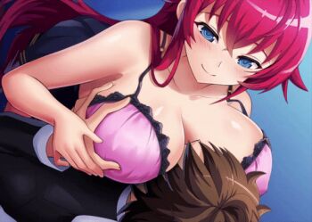 1boy 1girl animated animated_gif bra breasts couple grabbing_another&#039;s_breast groping high_school_dxd hyoudou_issei kamihime_project_r large_breasts official_art pink_bra rias_gremory underwear