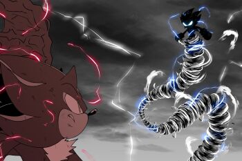 2boys black_fur cloud cloudy_sky dark_sonic fighting flying gloves hedgehog highres kad_productions multiple_boys sega shadow_the_hedgehog sky sonic_(series) sonic_the_hedgehog teeth thunder tornado wings