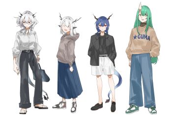4girls alina_(arknights) animal_ears antlers arknights belt bespectacled black_belt black_footwear black_jacket black_pants black_shirt blue_hair blue_pants blue_skirt brown_footwear brown_sweater ch&#039;en_(arknights) character_name chiriejjiyo clothes_writing collared_shirt deer_antlers deer_ears deer_girl dragon_girl dragon_horns fire flame-tipped_tail full_body glasses green_eyes green_hair grey_hair hand_in_pocket hands_in_pockets highres hood hooded_sweater horns hoshiguma_(arknights) jacket lapels long_hair long_skirt long_sleeves medium_hair multiple_girls open_clothes open_jacket pants pleated_skirt red_eyes sandals shirt shirt_tucked_in shoes short_hair shorts siblings simple_background single_horn sisters skin-covered_horns skirt standing sweater tail talulah_(arknights) very_long_hair white_background white_shirt white_shorts yellow_eyes