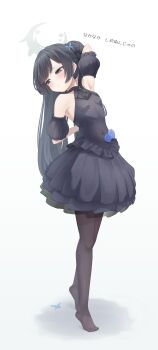 1girl absurdres armpits arms_behind_back bare_shoulders black_dress black_hair black_pantyhose blue_archive blush braid breasts bun_with_braided_base commentary detached_sleeves dress grey_eyes grey_halo hair_bun halo highres incredibly_absurdres kisaki_(blue_archive) kisaki_(dress)_(blue_archive) looking_to_the_side no_shoes official_alternate_costume pantyhose parted_lips shizuki_eri small_breasts solo