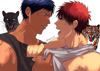 2boys adam's_apple anger_vein animalization aomine_daiki bare_shoulders black_panther black_shirt blue_eyes blue_hair clothes_grab commentary_request dark-skinned_male dark_skin eye_contact fangs forked_eyebrows highres kagami_taiga kagi_(kagihook) kuroko_no_basuke looking_at_another male_focus multiple_boys open_mouth panther person_and_animalization profile red_hair shirt grabbing_another's_shirt short_hair simple_background sleeveless sleeveless_shirt teeth tiger tongue twitter_username v-shaped_eyebrows veins veiny_neck whiskers white_background white_shirt