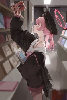 1girl arm_up beret black_hat black_wings blue_archive blush book character_print closed_mouth cowboy_shot feathered_wings film_grain from_side hair_between_eyes halo hasumi_(blue_archive) hasumi_(swimsuit)_(blue_archive) hat head_wings highres holding holding_book indoors kji_(rozo) koharu_(blue_archive) long_hair low_wings miniskirt neckerchief official_alternate_costume perspective pink_eyes pink_hair pink_halo pink_neckerchief pink_skirt pleated_skirt pornography profile sailor_collar school_uniform serafuku shop single_bare_shoulder skirt sleeves_past_wrists solo tile_floor tiles tsurime twintails white_sailor_collar winged_halo wings