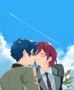 Rule 34 | 2boys, blue hair, blue sky, blunt bangs, closed eyes, closed mouth, cloud, collared shirt, commentary request, diagonal-striped clothes, diagonal-striped necktie, ensemble stars!, flower, flower request, glasses, grey jacket, highres, jacket, korean commentary, lapels, male focus, multiple boys, necktie, notched lapels, open clothes, open jacket, outdoors, red necktie, reimei school uniform, saegusa ibara, sarara rarara, sazanami jun, school uniform, shirt, short hair, shuetsu school uniform, sky, striped clothes, two-tone necktie, upper body, wing collar, yaoi