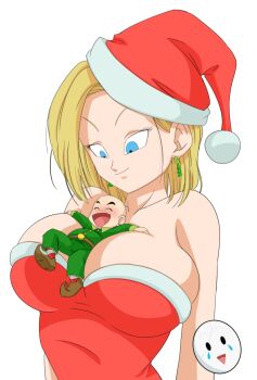 1boy 1girl android_18 bald bald_male blonde_hair blue_eyes blush breasts caisama christmas christmas_elf couple dragon_ball happy highres kuririn large_breasts smile