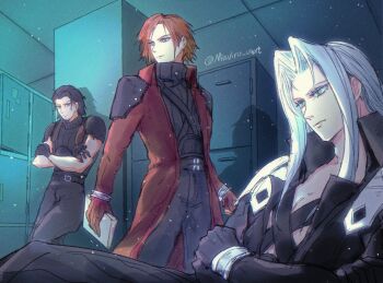 Rule 34 | 3boys, angeal hewley, armor, black coat, black gloves, black hair, blue eyes, brown hair, chest strap, closed mouth, coat, commentary request, crisis core: final fantasy vii, crossed arms, feet out of frame, final fantasy, final fantasy vii, genesis rhapsodos, gloves, green eyes, grey hair, highres, holding, indoors, long hair, male focus, mizuiro oart, multiple boys, open clothes, open coat, parted bangs, red coat, red gloves, sephiroth, short hair, shoulder armor, sitting, sleeveless, sleeveless turtleneck, suspenders, sweater, turtleneck, turtleneck sweater