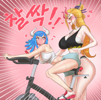 2girls ass assertive_female bent_over bicycle black_bra black_maria_(one_piece) blonde_hair blue_eyes blue_hair blush bra breasts exercising exercise_bike hand_on_another's_ass highres horns large_breasts licking_lips long_hair multiple_girls one_piece oni_horns pink_eyes pink_nails shorts spanking sports_bra sweat taejaho tongue tongue_out ulti_(one_piece) underwear workout_clothes yuri