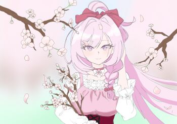1girl braid branch breasts cherry_blossoms commentary_request diamond-shaped_pupils diamond_(shape) elysia_(herrscher_of_human:_ego)_(honkai_impact) elysia_(honkai_impact) fxf_jv hair_ribbon holding holding_branch honkai_(series) honkai_impact_3rd large_breasts long_hair looking_at_viewer pink_hair purple_eyes red_ribbon ribbon single_braid smile solo symbol-shaped_pupils very_long_hair