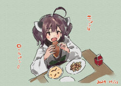 Rule 34 | 1girl, ahoge, blush, bread, brown eyes, brown hair, commentary request, dated, food, food request, from above, green background, headgear, holding, holding food, japanese clothes, kimono, lamb (hitsujiniku), long sleeves, looking at viewer, obi, open mouth, plate, sash, simple background, solo, table, touhoku kiritan, translation request, twintails, upper body, voiceroid, white kimono, wide sleeves
