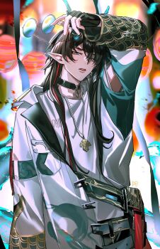 1boy aqua_eyes arm_up artist_name belt bishounen black_belt black_choker black_gloves black_hair blurry blurry_background choker coat commentary cowboy_shot daenarys dan_heng_(honkai:_star_rail) dan_heng_(imbibitor_lunae)_(honkai:_star_rail) dragon_boy dragon_horns earrings eastern_dragon_horns english_commentary fingerless_gloves gloves hair_between_eyes hand_up highres holding holding_removed_eyewear honkai:_star_rail honkai_(series) horns jewelry lantern long_hair long_sleeves looking_at_viewer male_focus multicolored_hair nail_polish necklace open_clothes open_coat open_mouth parted_lips pendant_choker pointy_ears red_hair round_eyewear shirt solo streaked_hair sunglasses unworn_eyewear upper_body white_coat white_shirt