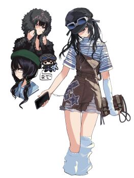 1girl alternate_costume bag beret black_hair black_hat book_off brown_shorts casual chibi chinese_commentary closed_mouth commentary_request cropped_legs detached_sleeves earphones expressionless fur_hat glasses goggles goggles_on_headwear green_hat grey_eyes hat hat_over_one_eye highres holding holding_bag holding_phone kurobe_nanoka leg_warmers long_hair looking_at_viewer low_twintails mahou_shoujo_no_majo_saiban multiple_views official_alternate_costume overall_shorts overalls phone shirt shorts socks standing striped_clothes striped_shirt torn_clothes torn_shorts twintails white_background white_shirt white_socks yang_yu_sanjiao