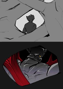 1boy black_hair clenched_hand glowing glowing_eyes highres horns jin_(new_gene) kabuto_kouji looking_at_viewer mazinger_(series) mazinger_zero_(mecha) mecha mecha_focus robot science_fiction shin_mazinger_zero shirt sideburns super_robot yellow_eyes