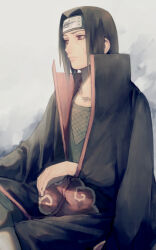 Rule 34 | 1boy, black hair, commentary, english commentary, forehead protector, japanese clothes, kimono, long hair, long sleeves, looking to the side, male focus, naruto, naruto (series), red eyes, simple background, solo, subuta (butabutasubuta), uchiha itachi, upper body