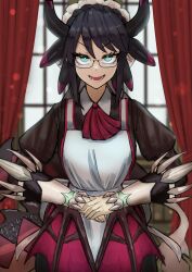 Rule 34 | 1girl, absurdres, adeshi (adeshi0693119), apron, black hair, curtains, dragon girl, dragon horns, dragon tail, dragon wings, duel monster, glasses, highres, horns, house dragonmaid, low wings, neckerchief, open mouth, own hands together, short hair, solo, tail, window, wings, yu-gi-oh!