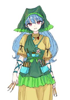 Rule 34 | 1girl, :d, apron, blue hair, commentary request, cowboy shot, dress, flower, green apron, green headscarf, haniyasushin keiki, headscarf, highres, holding, holding scalpel, jewelry, kashiwada kiiho, long hair, looking at viewer, magatama, magatama necklace, necklace, object in pocket, open mouth, parted lips, pink flower, pliers, pocket, purple eyes, scalpel, short sleeves, simple background, smile, solo, standing, touhou, wavy hair, white background, wood carving tool, yellow dress