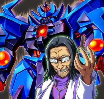 1boy black_hair dark-skinned_male dark_skin glasses glowing glowing_eyes granzon isekai_ojisan kin-san_(sasuraiga) koyasu_takehito long_sleeves mecha robot science_fiction shibazaki_yousuke shirt shuu_shirakawa super_robot_wars super_robot_wars_original_generation super_robot_wars_the_lord_of_elemental teeth voice_actor_connection yellow_eyes