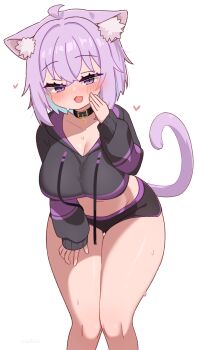 1girl :3 :d ahoge animal_ear_fluff animal_ears black_shorts black_sweater blush breasts cat_ears cat_girl cat_tail commentary drawstring gabai heart highres hololive large_breasts leaning_forward legs long_sleeves midriff navel nekomata_okayu nekomata_okayu_(1st_costume) open_mouth purple_eyes purple_hair short_hair shorts simple_background smile solo sweater tail virtual_youtuber white_background