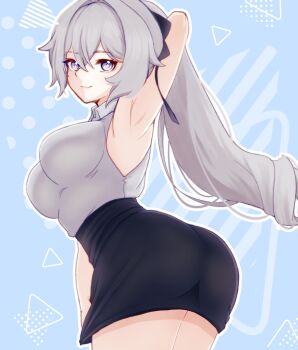 1girl absurdres arm_behind_head armpits ass black_skirt blue_background breasts bronya_zaychik bronya_zaychik_(silverwing:_n-ex) commentary_request drill_hair grey_eyes grey_hair grey_shirt highres honkai_(series) honkai_impact_3rd large_breasts long_hair looking_at_viewer pencil_skirt satoyukitowa shirt skirt smile solo very_long_hair