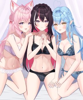 3girls :3 absurdres ahoge animal_ears antenna_hair azki_(hololive) black_bra black_choker black_panties blue_bra blue_hair blue_nails blue_panties blush bra braid braided_bun breasts choker cleavage closed_mouth collarbone crown_braid fang fingernails floral_print floral_print_bra floral_print_panties gem hair_bun hair_intakes hair_ornament hair_ribbon hakui_koyori hands_on_another&#039;s_thighs heart heart_ahoge heart_choker highres hololive large_breasts long_hair looking_at_viewer multicolored_eyes multicolored_hair multiple_girls nail_polish navel open_mouth panties pink_bra pink_eyes pink_hair pink_nails pink_panties pointy_ears print_panties purple_eyes purple_gemstone red_ribbon ribbon serin_(zersk_04) side-tie_panties skin_fang smile stomach streaked_hair thighs two-tone_eyes underwear underwear_only virtual_youtuber white_hair wolf_ears wolf_girl yellow_eyes yukihana_lamy