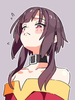 1girl :c bare_shoulders belt_collar blush blush_stickers brown_hair closed_mouth collar collarbone dress flat_chest flying_sweatdrops grey_background kono_subarashii_sekai_ni_shukufuku_wo! looking_at_viewer looking_down megumin noyama_takenoko off-shoulder_dress off_shoulder red_dress red_eyes short_hair_with_long_locks simple_background solo upper_body