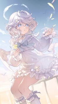 1girl blue_bow blue_bowtie borrowed_character bow bowtie choker collarbone commentary_request commission day dress feathered_wings feet_out_of_frame flower frilled_dress frilled_socks frills hair_between_eyes hand_up highres holding holding_flower kneehighs long_hair long_sleeves momoyama_momo open_mouth original outdoors sailor_collar sailor_dress sitting skeb_commission socks solo twitter_username white_choker white_dress white_hair white_sailor_collar white_socks wings