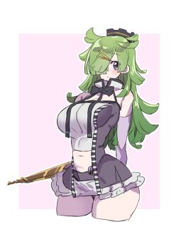 Rule 34 | absurdres, aged up, akan mori, aki mabayu, alternate breast size (larger), black bow, black bowtie, bow, bowtie, breasts, clothing cutout, curvy, detached sleeves, green hair, highres, kishimen hair, large breasts, long hair, magia record: mahou shoujo madoka magica gaiden, magical girl, mahou shoujo madoka magica, navel, navel cutout, one eye covered, purple background, scissors hair ornament, sleeveless